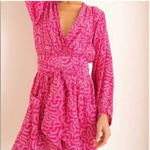 Natalie Martin pink silk Nico long sleeve mini wrap dress sz S